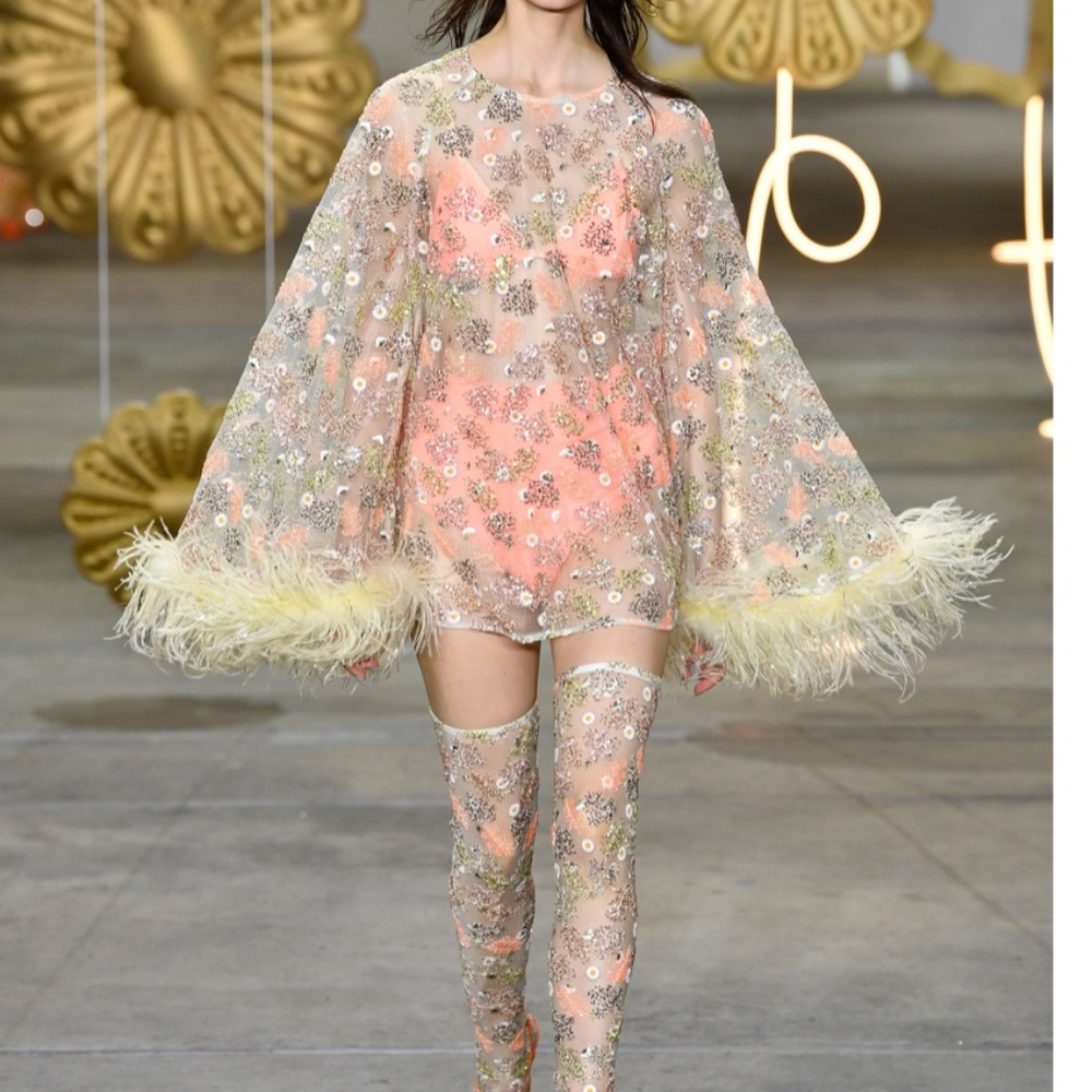 Alice McCall, sheer sequin lace cape dress with feather trim, US Size 2